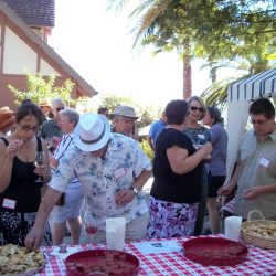 Summer party guests at food table