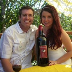 Summer party guests with wine bottle