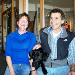 Norma, Joe and dog laughing